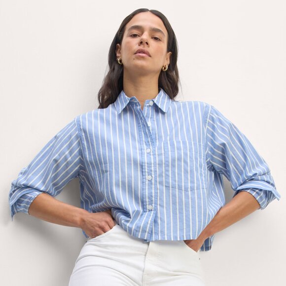 Everlane - The Way-Short Shirt in Silky Cotton - Mariner Blue & White - XL - Picture 1 of 7
